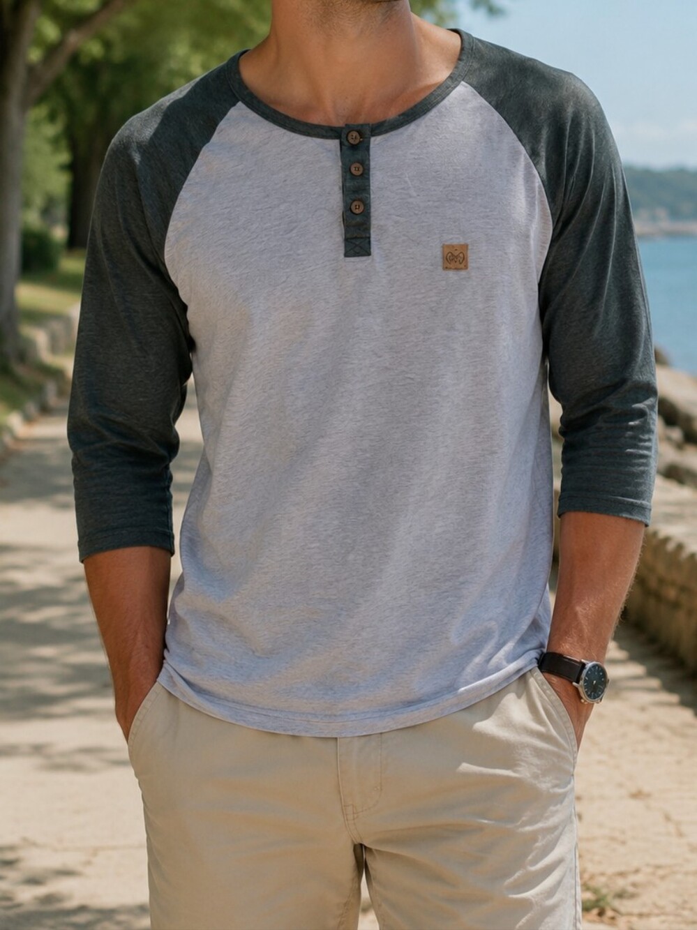 Tentree Organic Cotton Tencel Raglan Henley Shirt Gray Green Casual Tee
